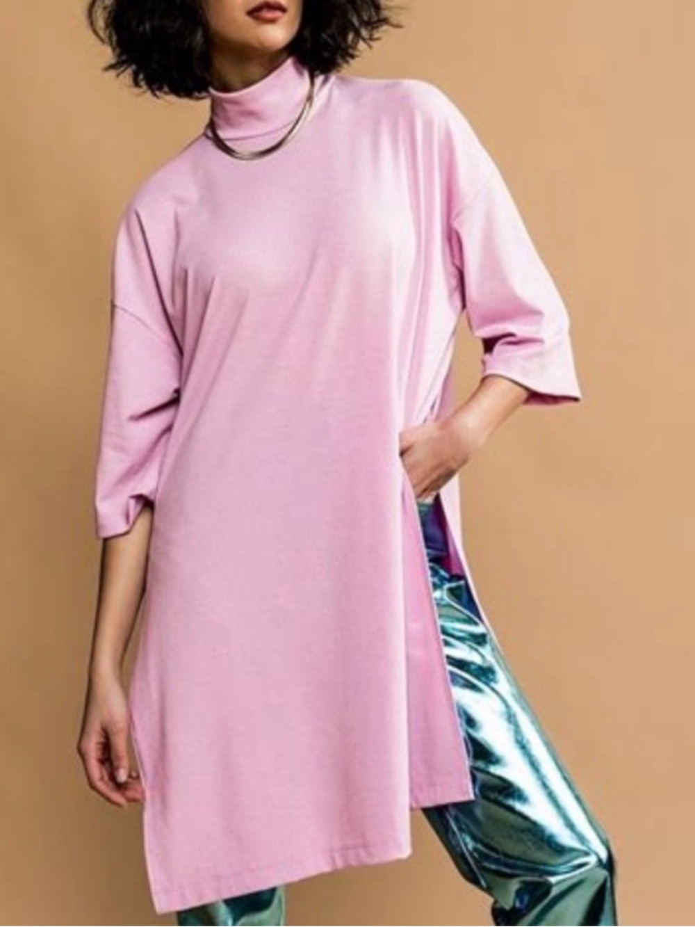 Dressed in LALA Icon Mock Neck Tunic Top in Pink